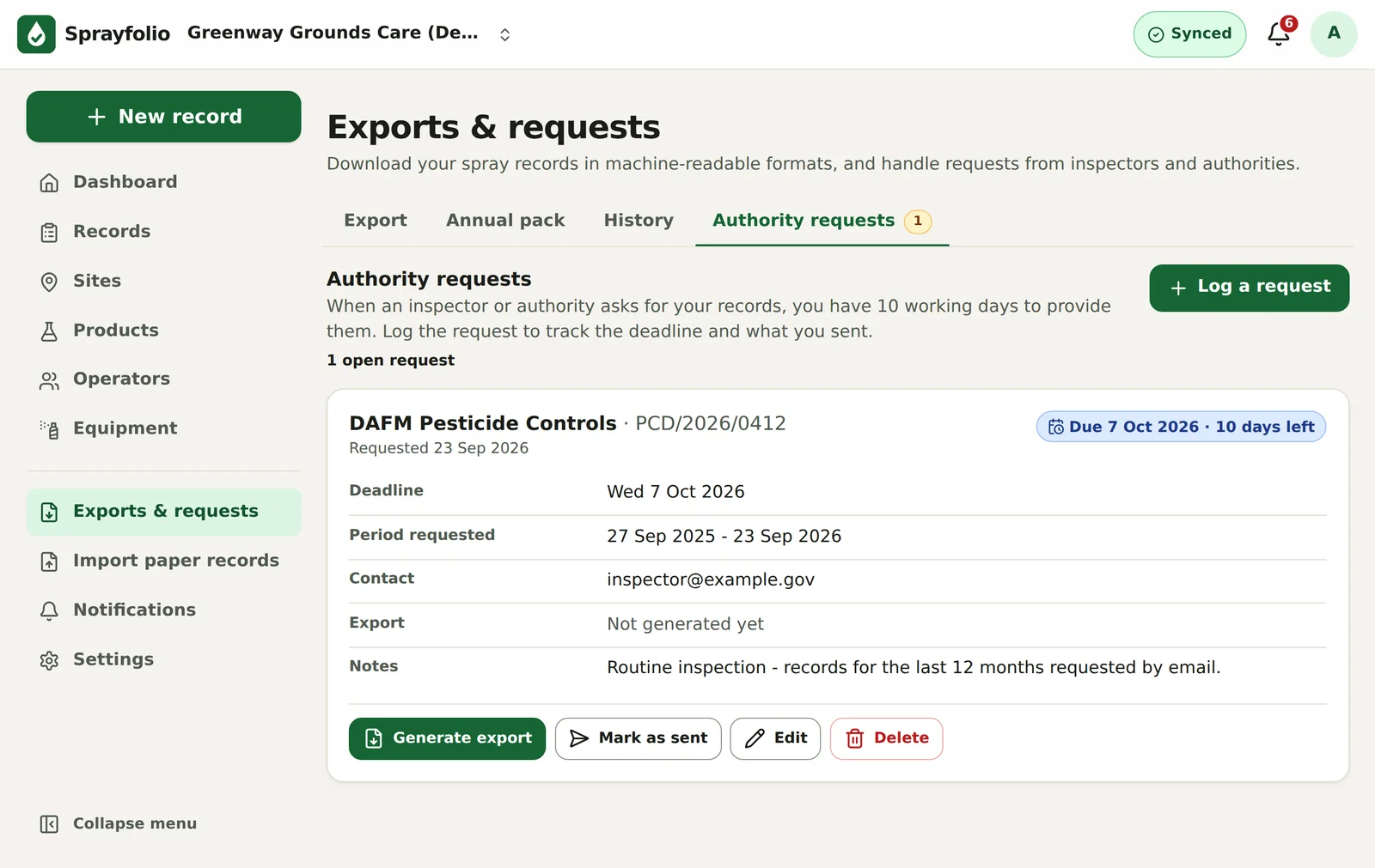 Sprayfolio authority requests tab showing an inspector request with a 10-working-day deadline
