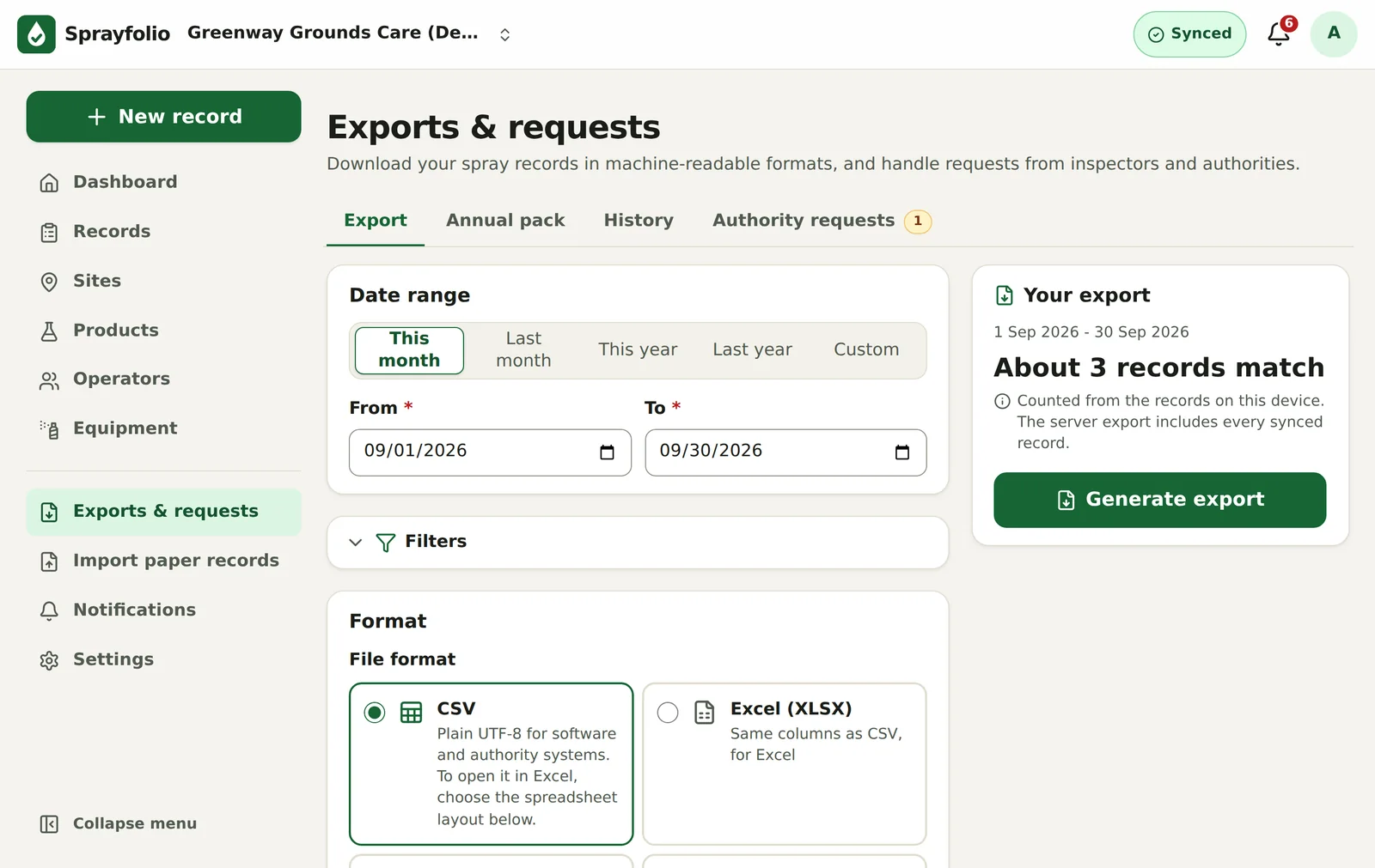 Sprayfolio export screen with date range and file format options