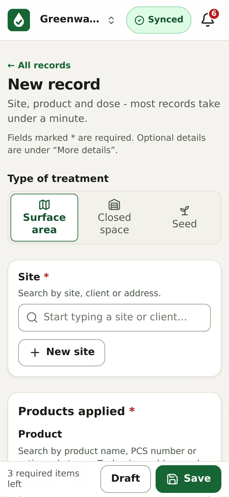 The Sprayfolio new record screen on a phone, with surface area, closed space and seed treatment types