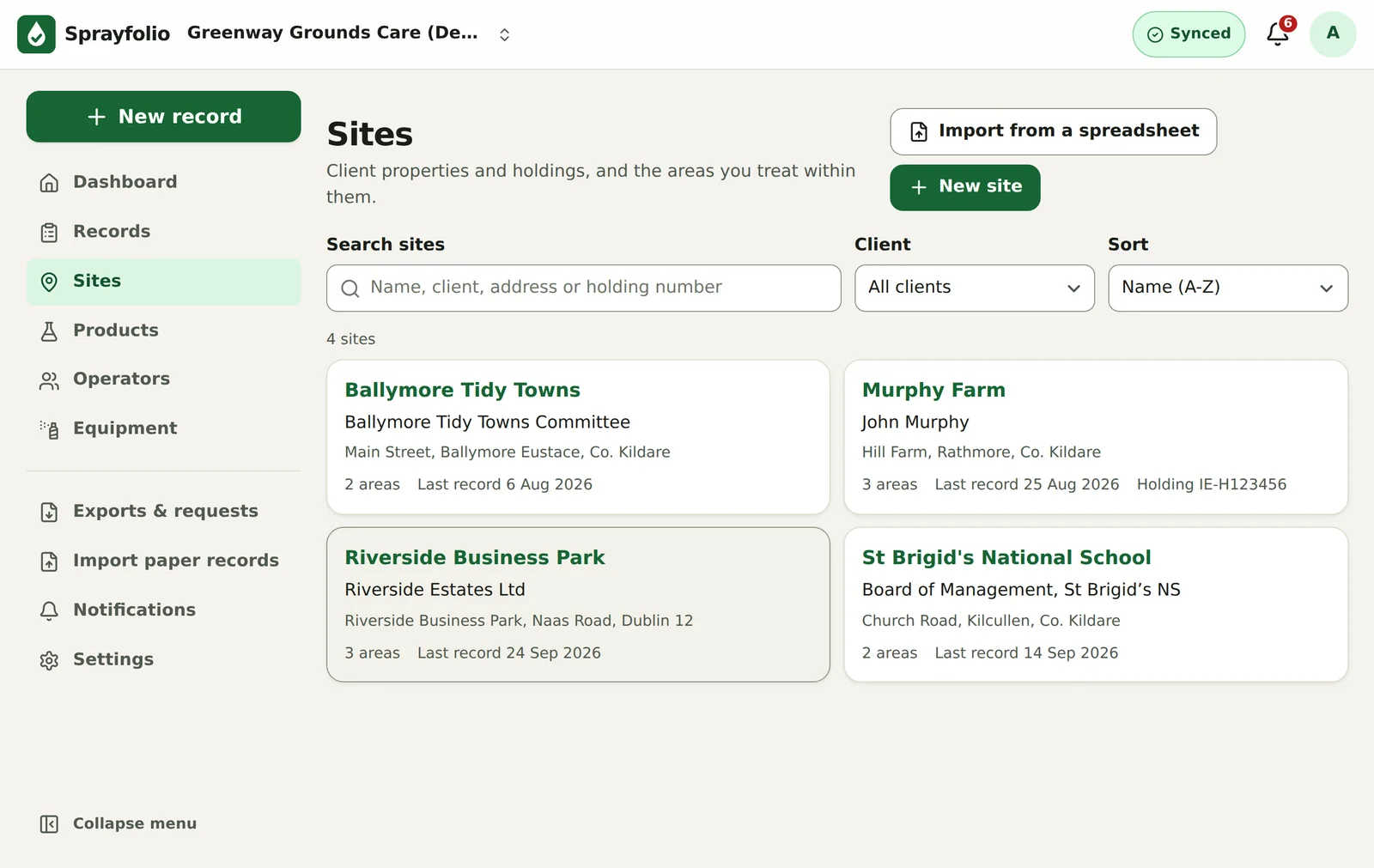 Sprayfolio sites list showing client sites, areas and last record dates